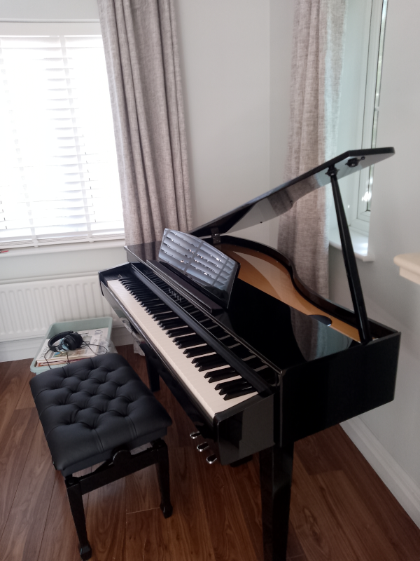 A photo of a black Kawai baby grand piano (side photo).