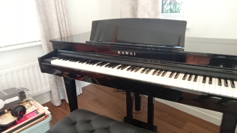 The right side of a black grand piano